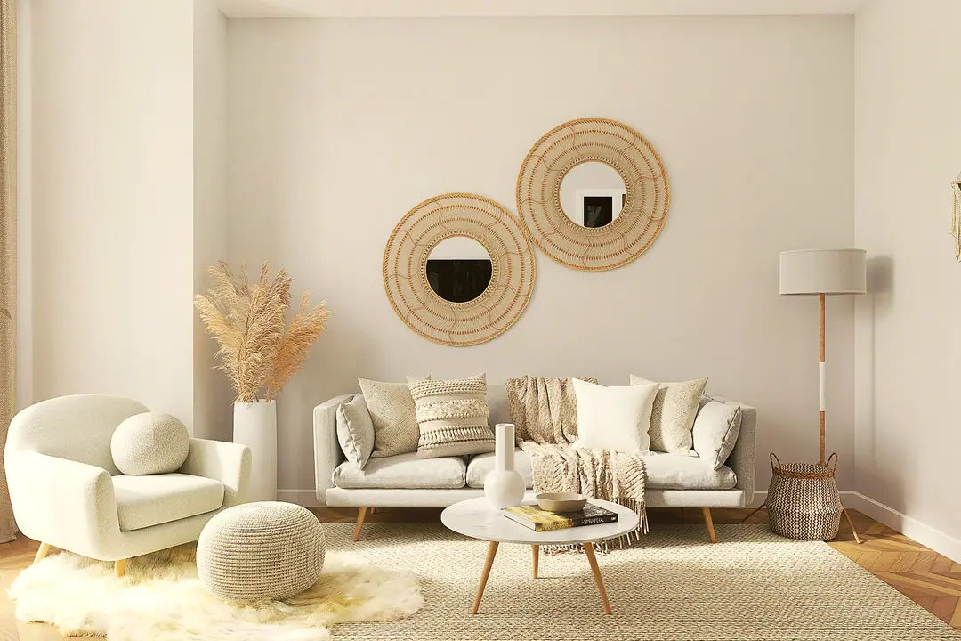Salón con sillones blancos y espejos de fibra