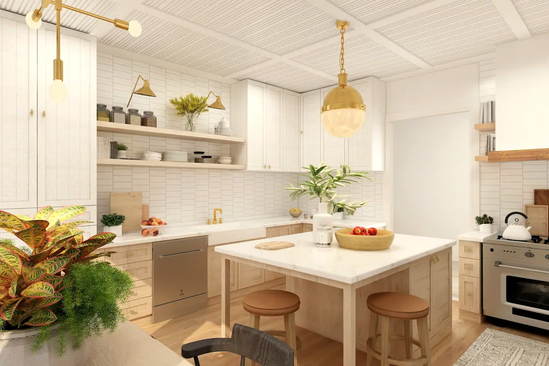 Cocina con isla y estantes abiertos