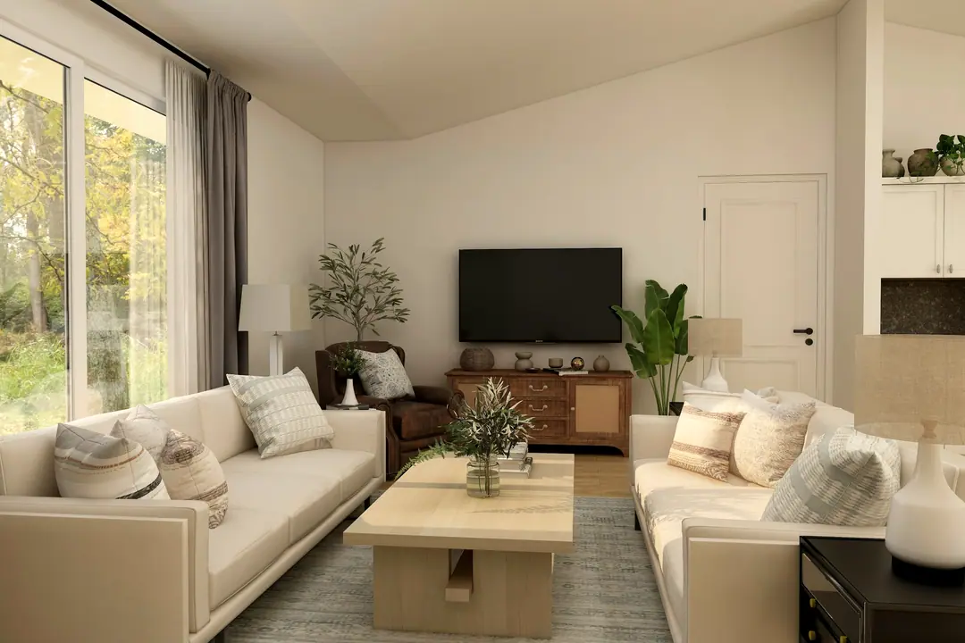 Salón con sofá claro y mesa de centro de madera