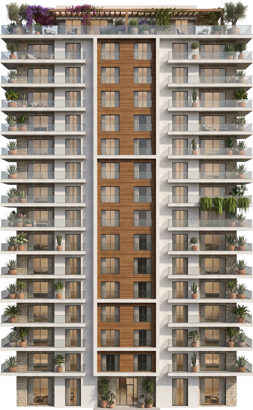 Recreación de un edificio residencial de ALTO Inmobiliaria: fachada blanca con terrazas y ático ajardinado